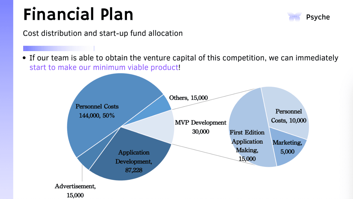 Psyche financial plan pie charts showing cost distribution and start-up fund allocation.